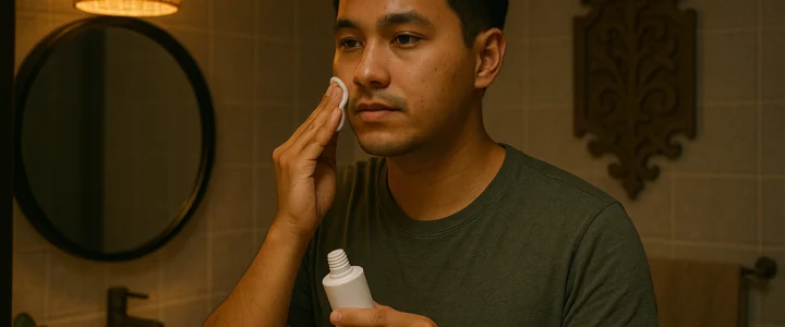 seseorang pria indonesia yang sedang mengatasi wajah berminyak dan berjerawat dengan cara menggunkan toner dan pelembap.