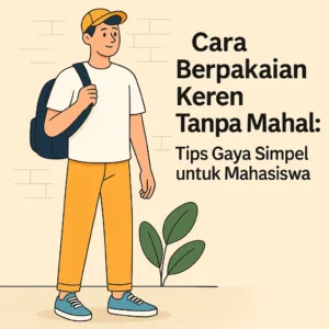 Ilustrasi mahasiswa pria tampil gaya dengan outfit simpel seperti kaos, celana kasual, dan sneakers dalam suasana kampus modern